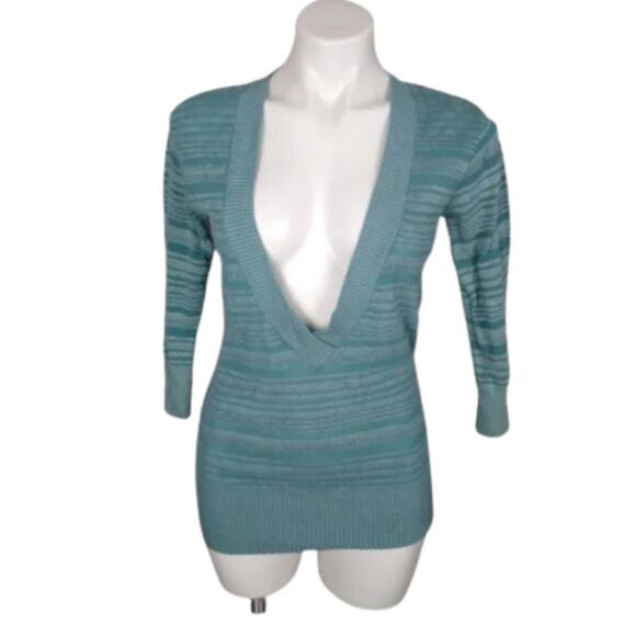 Vanity Deep V-neck 3/4 Sleeve Stripe Ribbed Texture Early 2000's Top Size Large - Picture 1 of 12